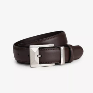 Brown cowhide leather belt with geometric silver buckle