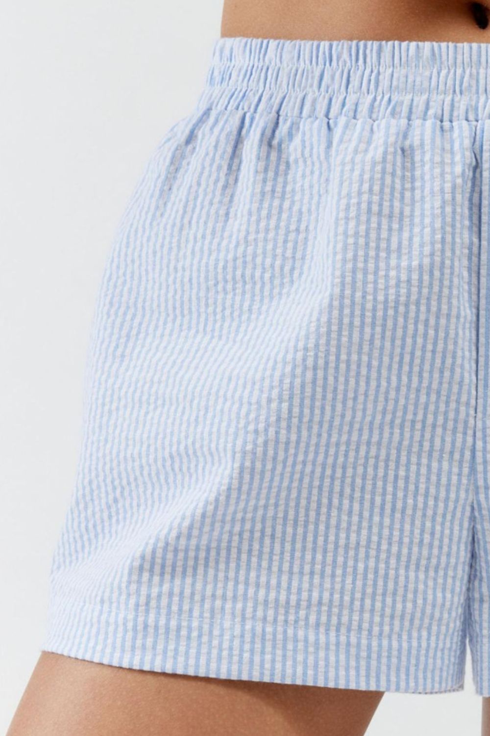 Seersucker boxer shorts in Sky Blue with an elastic waistband.