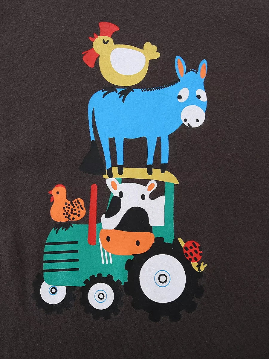 Brown cotton t-shirt with playful farm animal tractor graphic