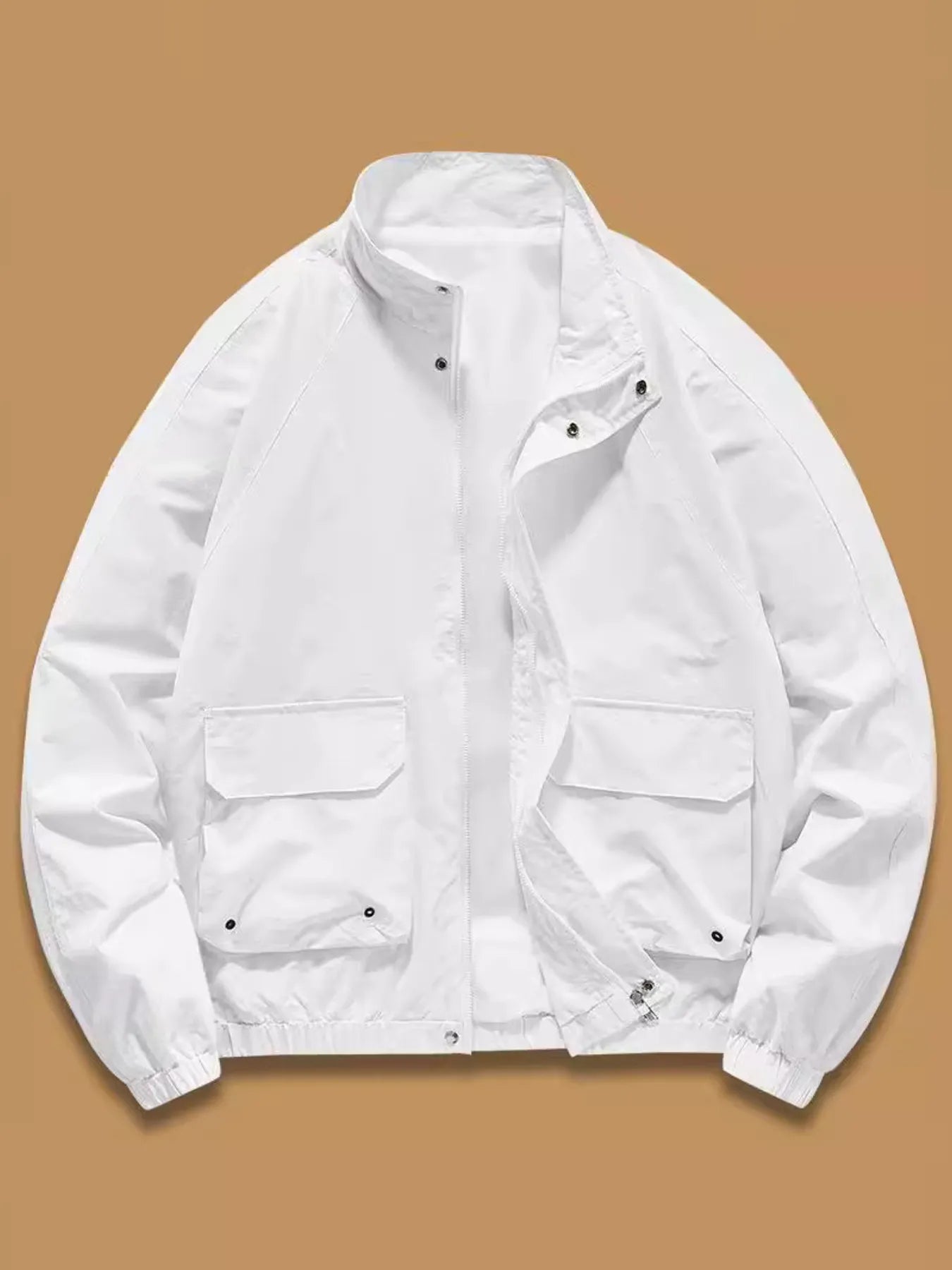 White lightweight zip jacket with stand collar and four front pockets.