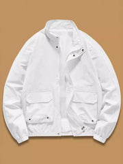 White lightweight zip jacket with stand collar and four front pockets.
