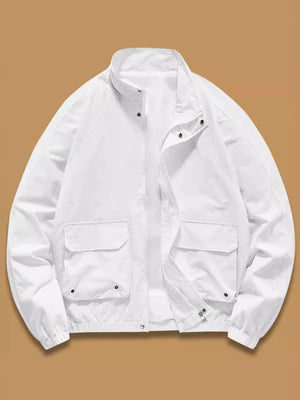 White lightweight zip jacket with stand collar and four front pockets.