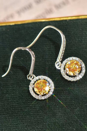 Yellow moissanite halo drop earrings with silver hooks