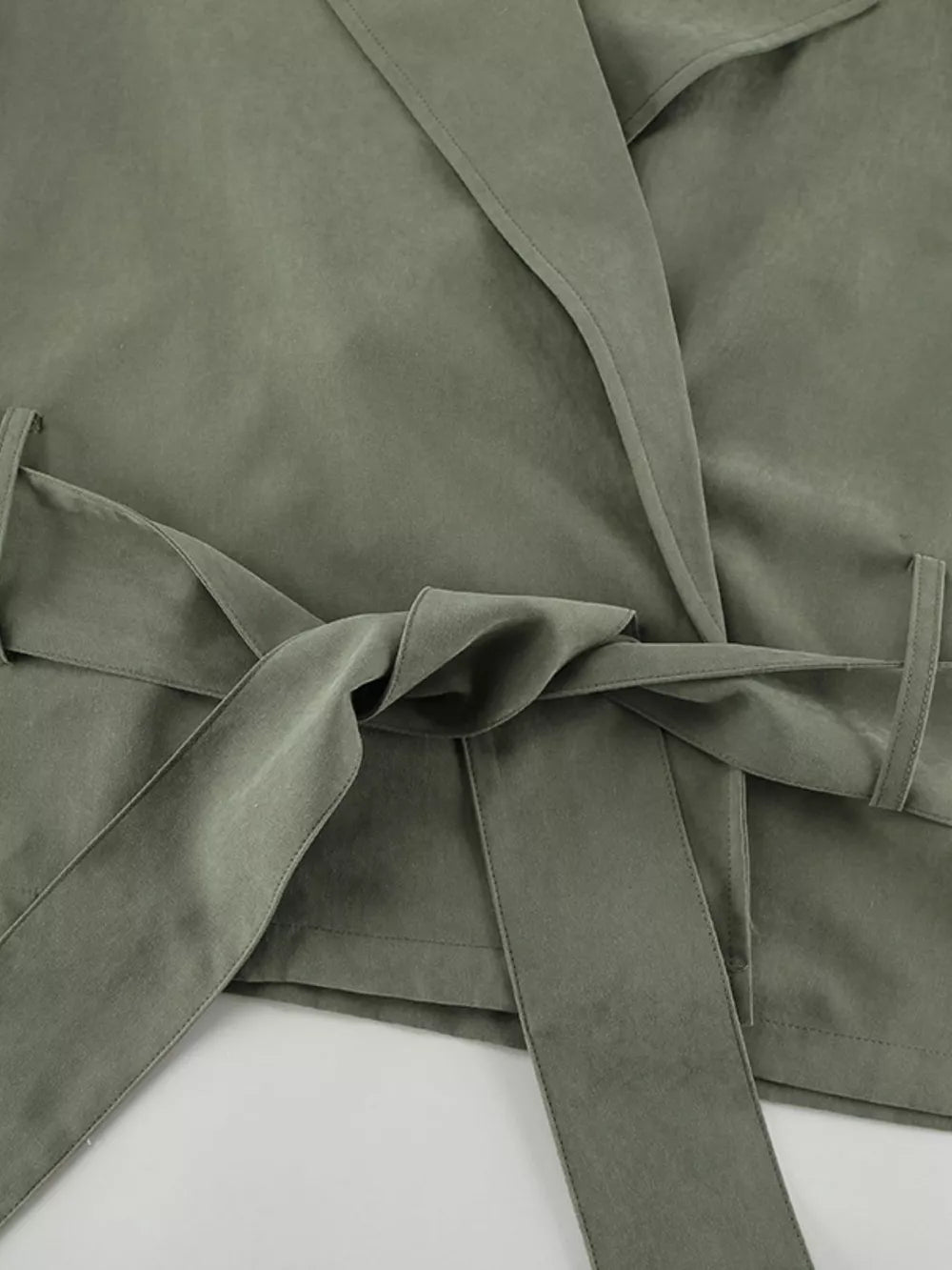 Lapel Collar Belted Cropped Trench in Moss, product detail