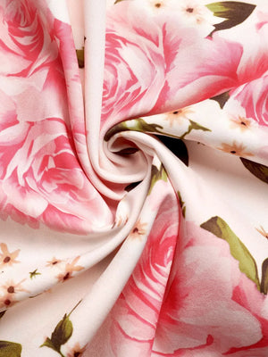 Romantic floral print midi dress in pink roses and white flowers, halter neckline