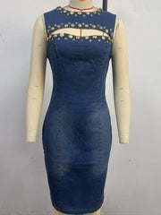 Embellished cutout denim dress with gold studs and a bodycon fit.
