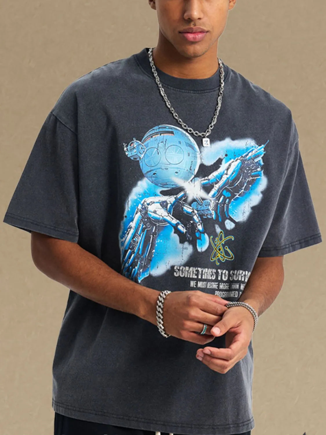 Washed black graphic t-shirt with AI robot and text print, crewneck, short sleeves.