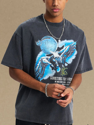 Washed black graphic t-shirt with AI robot and text print, crewneck, short sleeves.