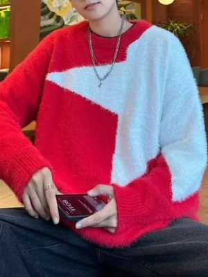 Men's red and white fuzzy knit crew neck sweater with geometric pattern.