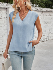 Light blue ribbed V-neck sweater vest with a casual fit.