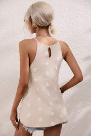 Polka dot keyhole knit tank top in black, hot pink, cream, or pastel blue.