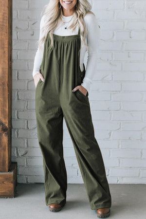 Army green corduroy wide-leg overalls with front pockets and button details.