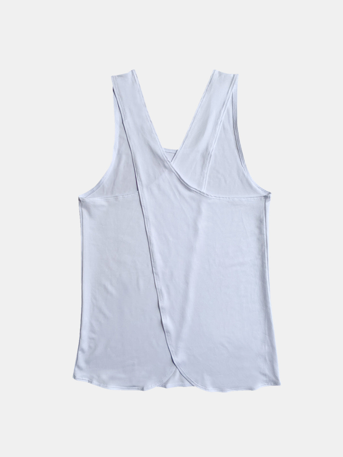 Light blue cross-back flow tank top with a draped back detail.