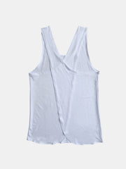 Light blue cross-back flow tank top with a draped back detail.