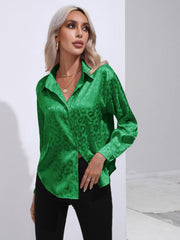 Green satin leopard print tie-front blouse with button-down detail