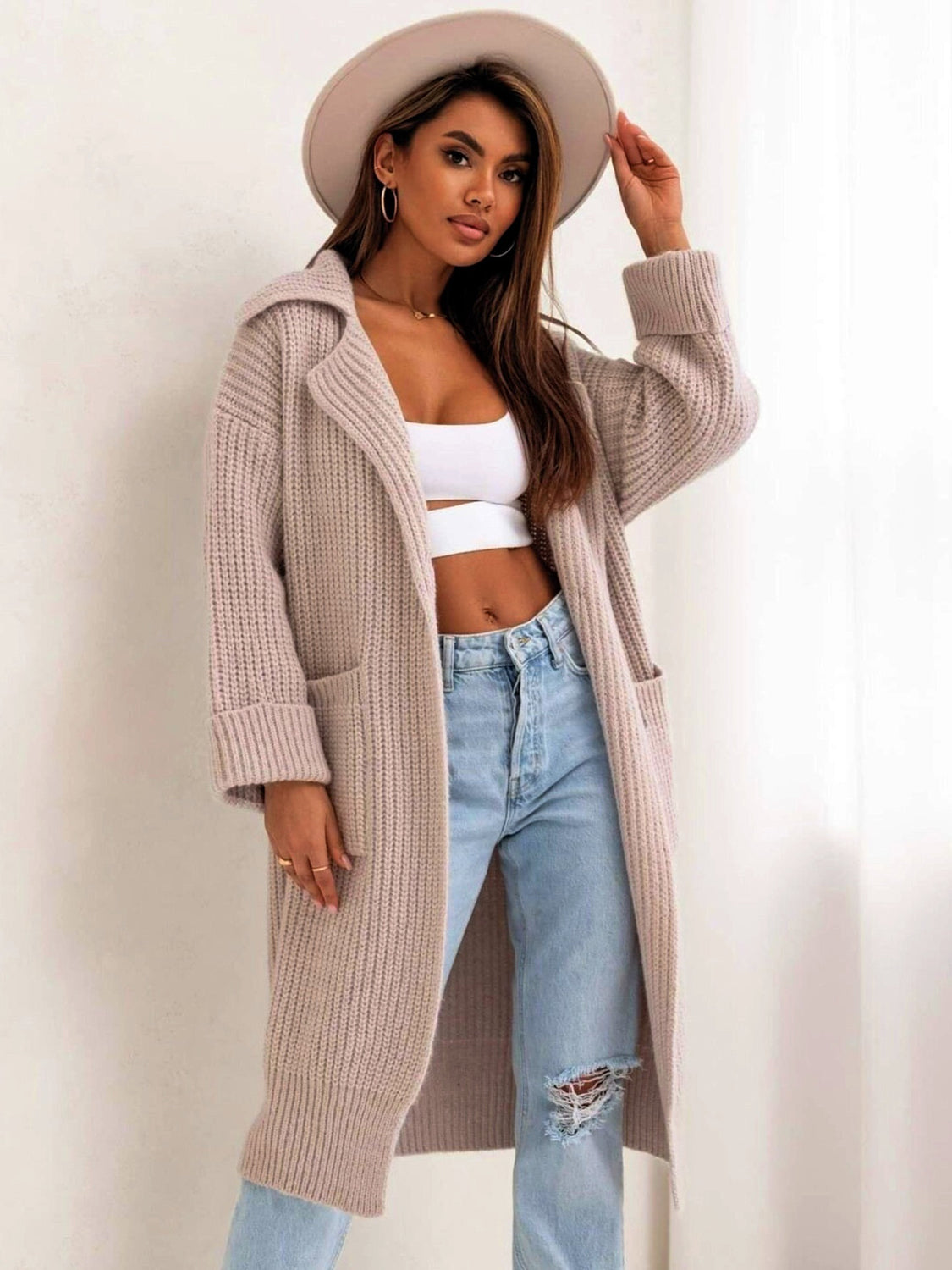 Oversized knit lapel cardigan in Dust Storm with pockets and cuffed sleeves.