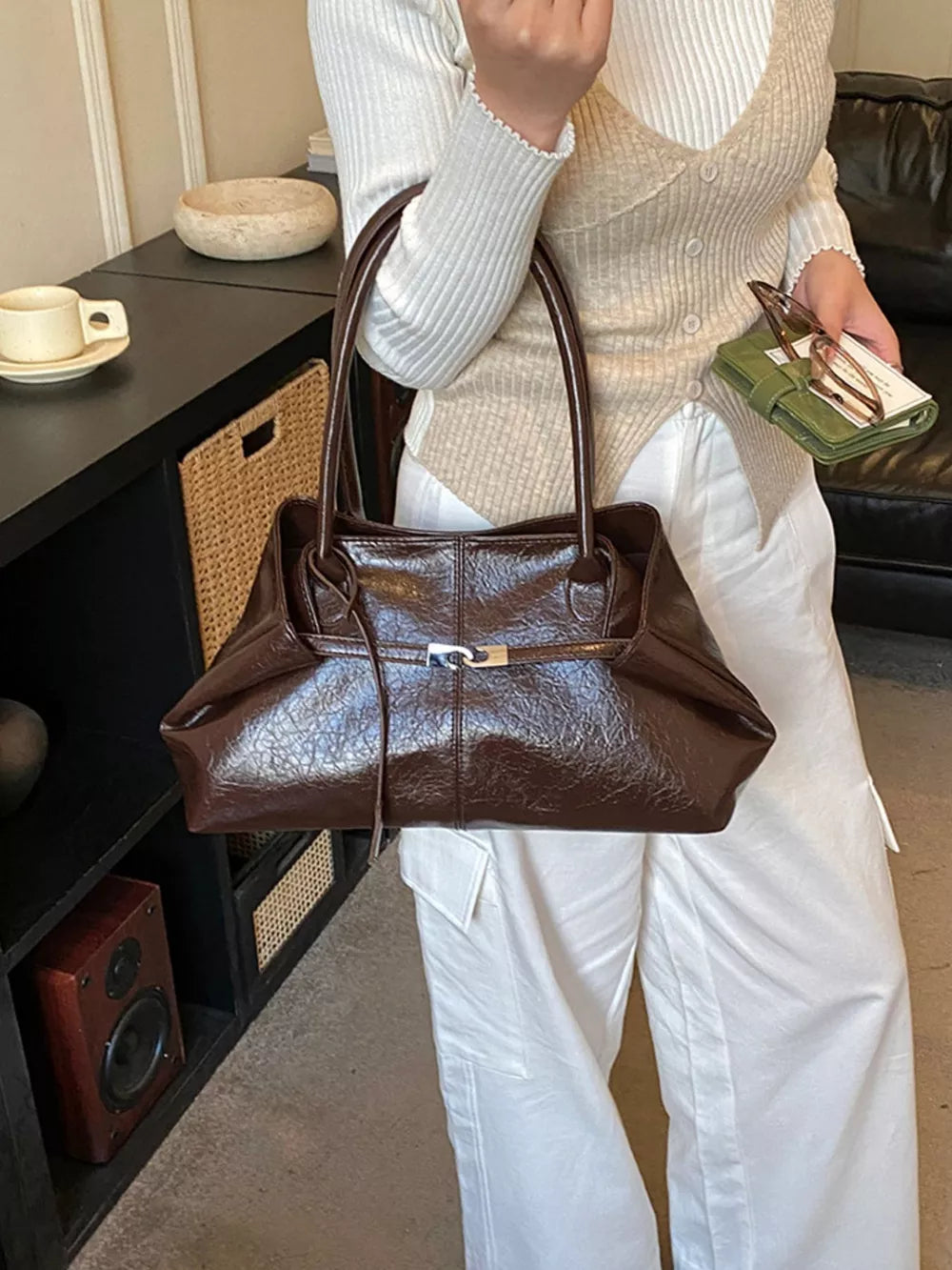Pu Leather Shoulder Bag in Brown, back view