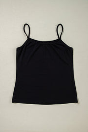 Black cami with thin straps and gathered neckline.