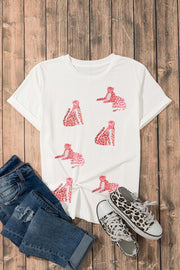 White t-shirt with pink sequin leopard print, crew neck, short sleeves.