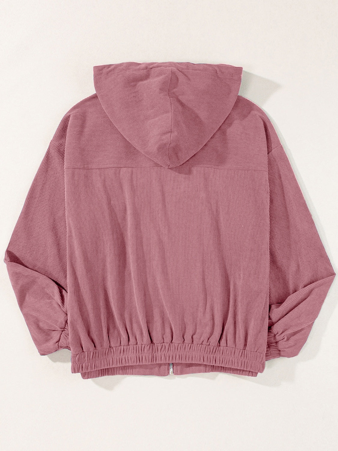 Dusty Pink corduroy relaxed fit zip-up hoodie with elastic cuffs and hem