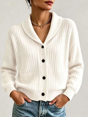 Full Size Shawl Collar Cable Knit Cardigan in White, alternate angle