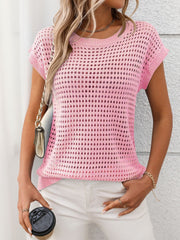 Pink openwork knit crewneck sweater with short sleeves and a relaxed fit.
