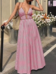 Charming striped halter maxi dress in burgundy with a-line cut and plunging neckline.