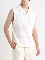White knit polo collar tank top with open weave detail and button placket.