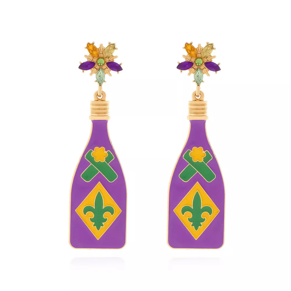 Mardi Gras celebration dangle earrings with purple bottles, green and gold fleur-de-lis.