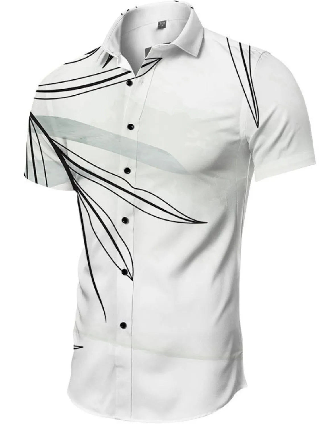 White short-sleeve resort shirt with black abstract leaf print and grey watercolor accents.