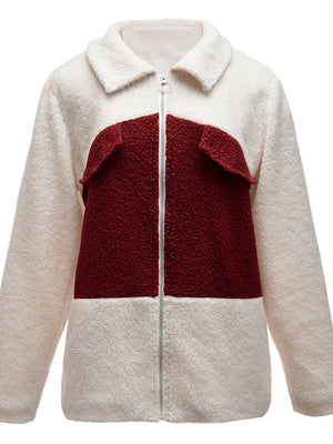 Colorblock shearling zip-up jacket in cream and burgundy with a collar and silver zipper.