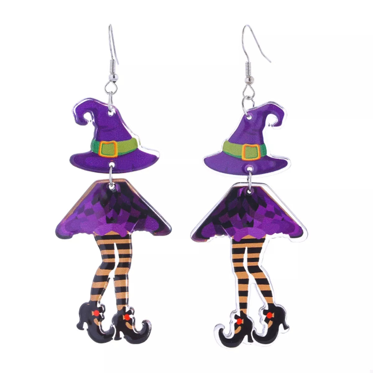 Purple witch hat and legs dangle earrings with striped stockings and black shoes.