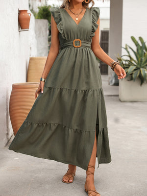 Olive green tiered maxi dress with V-neck, ruffled sleeves, and a woven belt.