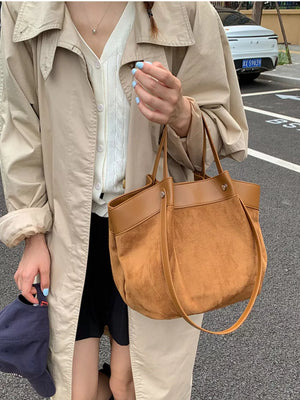 Suede And Leather Trim Shoulder Bag in Brown, model styling view