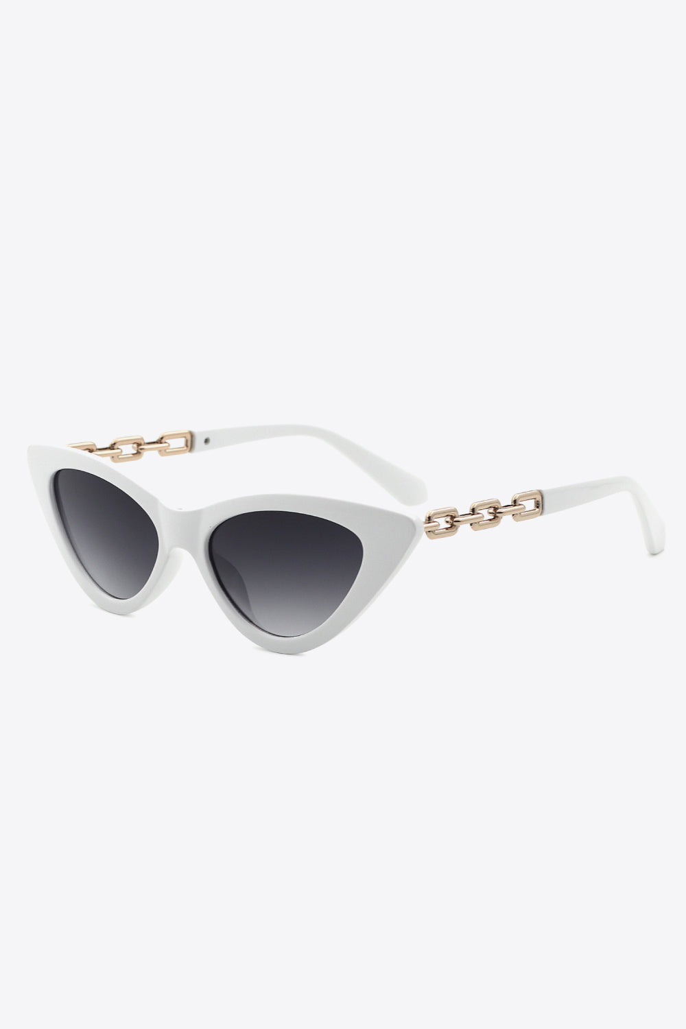 White cat-eye sunglasses with gold chain detail and gradient lenses