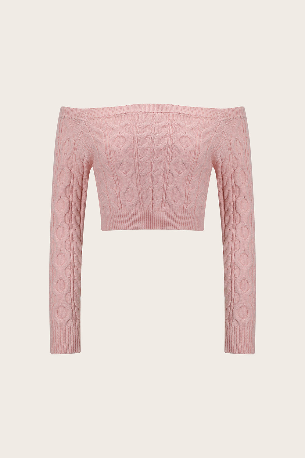 Blush pink cable knit cropped off-the-shoulder sweater with long sleeves.