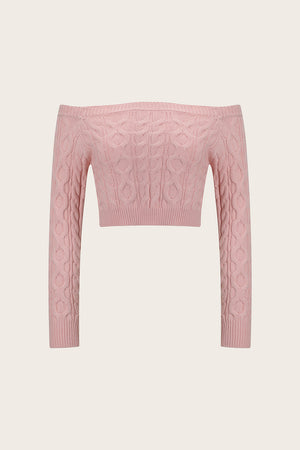 Blush pink cable knit cropped off-the-shoulder sweater with long sleeves.