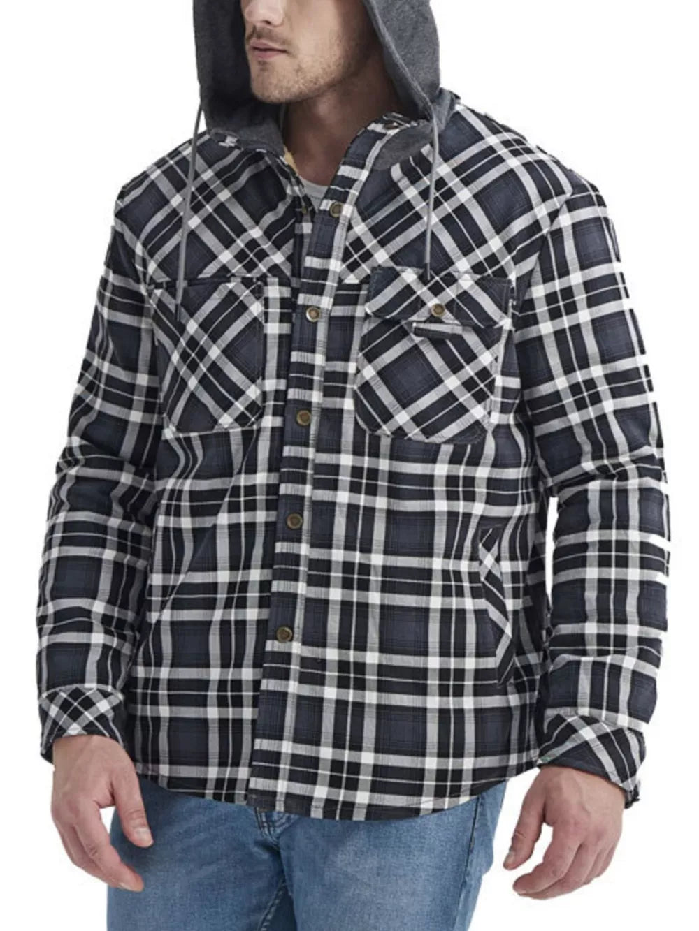 Men's grey plaid flannel hooded jacket with buttoned chest pockets and drawstring hood.