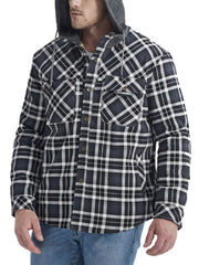 Men's grey plaid flannel hooded jacket with buttoned chest pockets and drawstring hood.