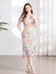 Embroidered Floral Puff Sleeve Midi Dress