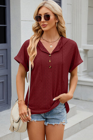 Burgundy perforated henley hooded tee with short sleeves and button detail