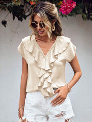 Beige flutter V-neck blouse with ruffled front and short sleeves.