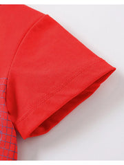 Red cotton toddler t-shirt with a race car graphic detail on the sleeve.