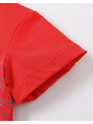 Red cotton toddler t-shirt with a race car graphic detail on the sleeve.