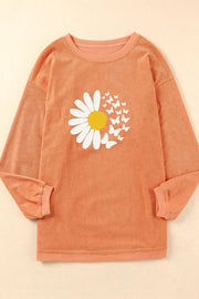 Sherbet corduroy crewneck sweatshirt with daisy and butterfly graphic