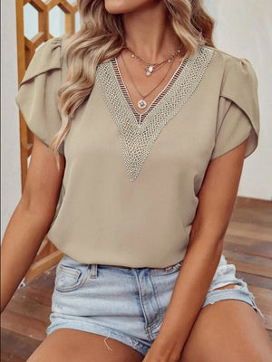 Khaki lace trim V-neck flutter sleeve blouse with layered necklaces