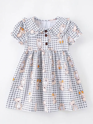 Gingham teddy bear print toddler dress with button-down collar and short sleeves.