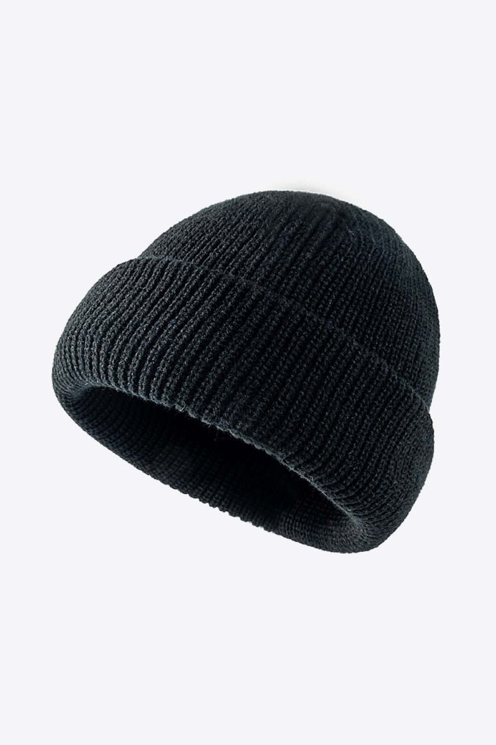 Black ribbed knit beanie with folded edge detail
