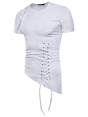 White cotton t-shirt with asymmetric hem and lace-up detail on side and shoulder.