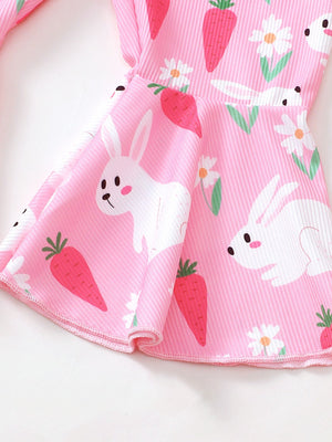 Pink ribbed flare overalls with a playful bunny and carrot print.